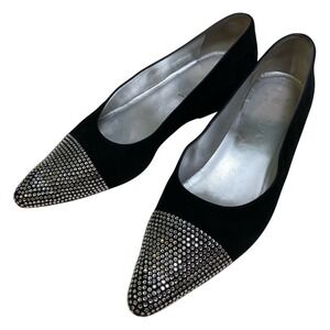 Escada Vero Cuoio Black Pointed Toe Crystal Rhinestone Velvet Flats Size 39.5